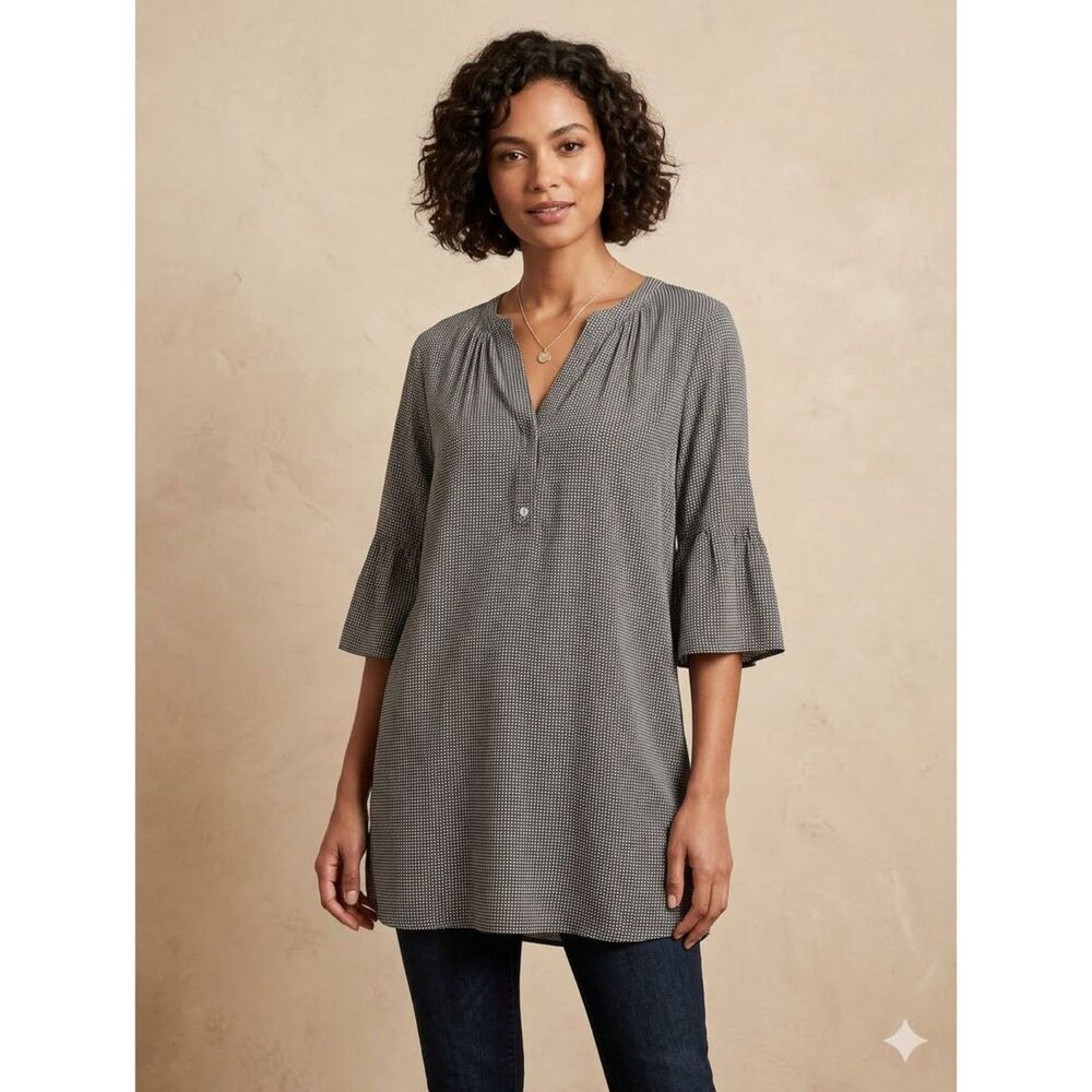 Joie Tunic Shirt Dress Womens M Black White Star Print Bell Sleeve Rayon Mini